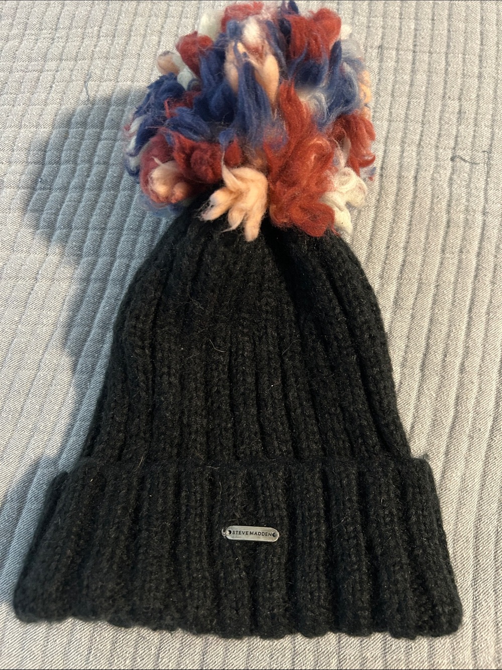 Steve Madden Kids Black Knit Beanie with Multicolor Pom